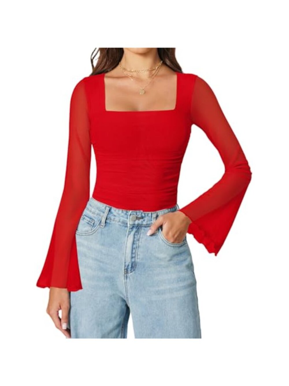 Mesh Bell Sleeve Bodysuit Square Neck Thong Snap Closure